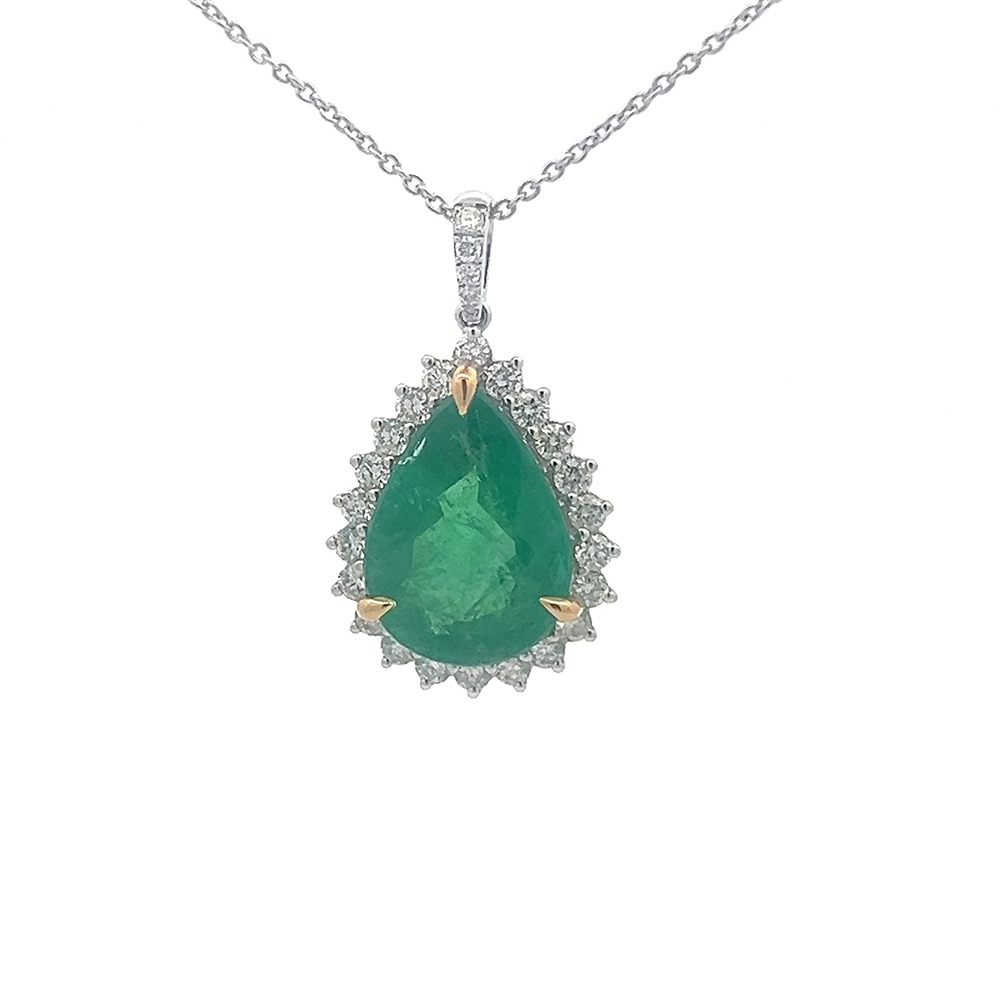 18K White &Yellow Gold Pendant With Chain Emerald